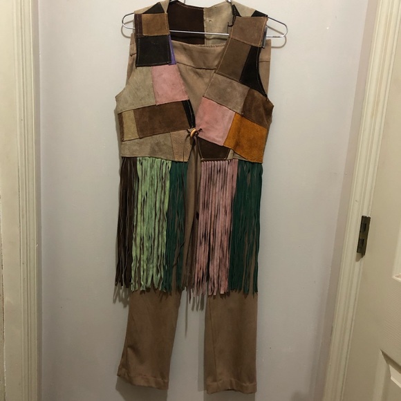 Vintage real suede patchwork and fringe vest and suede cloth pants - Picture 3 of 8